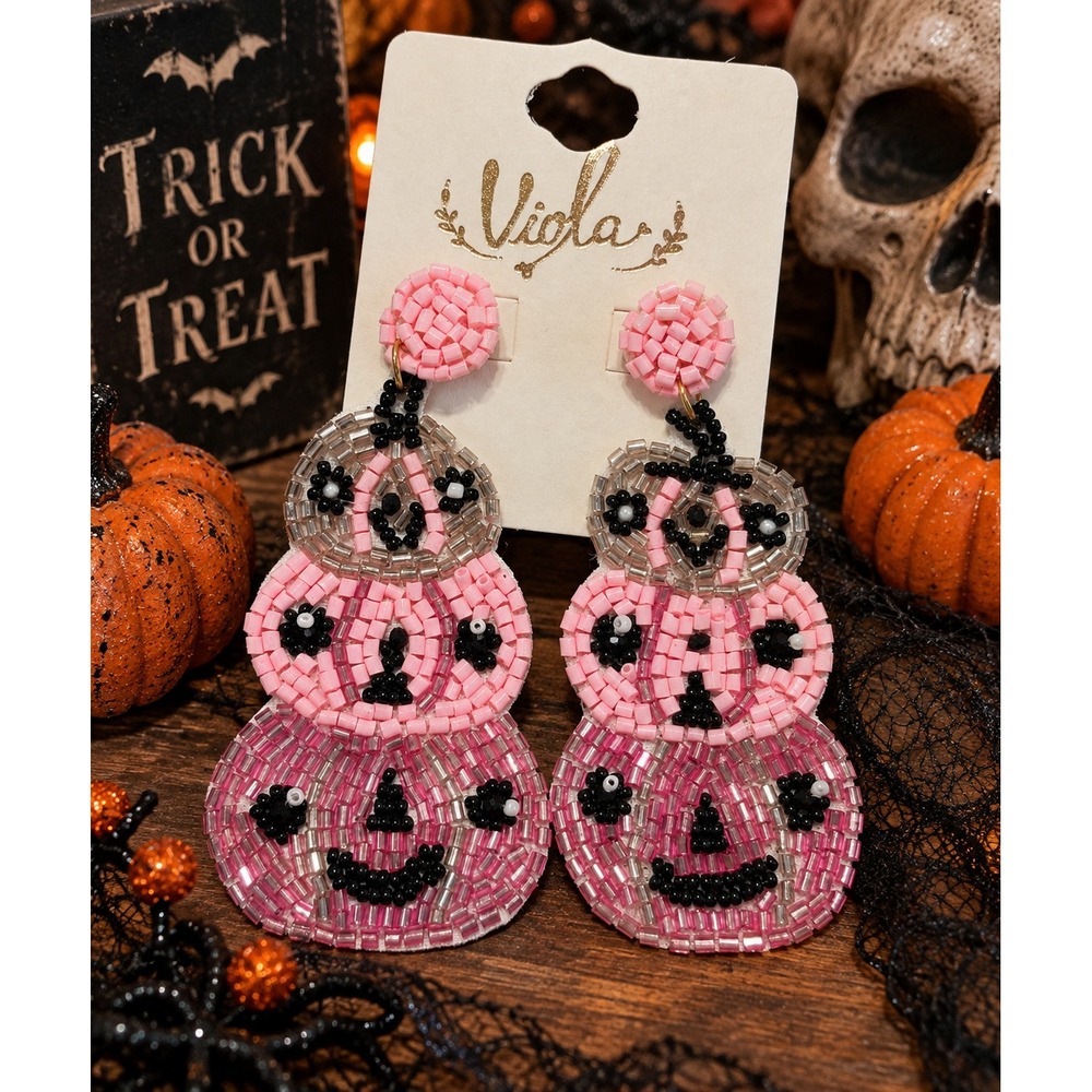 Pink Stacked Pumpkin Seed Bead Earrings Jack O Lantern Halloween Statement